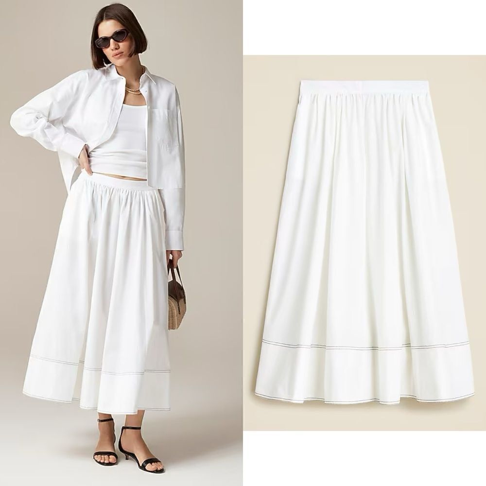 NWT J CREW Contrast-stitch midi skirt in cotton poplin in white